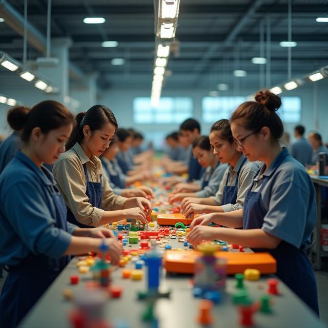 Planta de producción de Sol Toys con trabajadores ensamblando juguetes